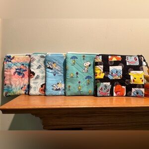 Kids character 7x6 thick quilted lined zip pouches, handcrafted with zip pull